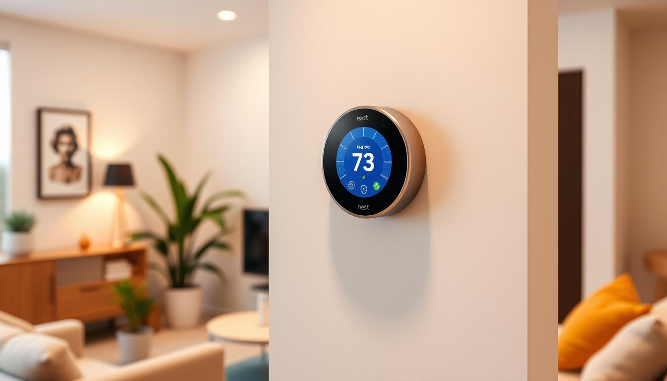 A sleek, modern Nest thermostat mounted on a stylish wall, surrounded by a cozy living room setting with soft lighting, minimalistic furniture, and potted plants, showcasing a digital display with vibrant colors indicating temperature settings.