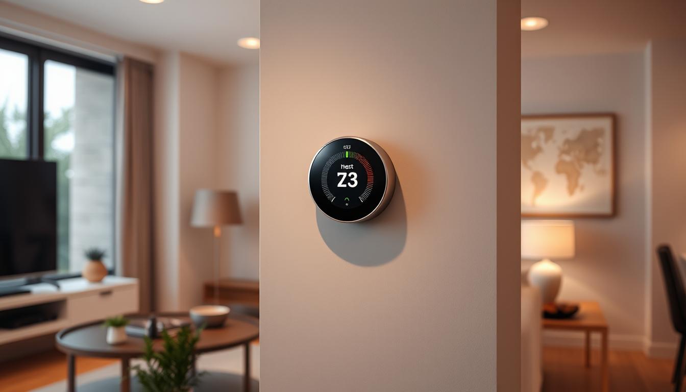 A sleek, modern Nest Thermostat mounted on a wall in a stylish living room, surrounded by soft lighting and minimalist decor, with a focus on its digital display and intuitive design, evoking a sense of comfort and technology.