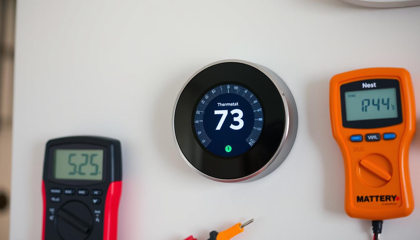 A close-up view of a Nest Thermostat mounted on a modern wall, with emphasis on its sleek design and digital interface, surrounded by tools like a multimeter and open battery compartments, showcasing both a home environment and a technical inspection setting.