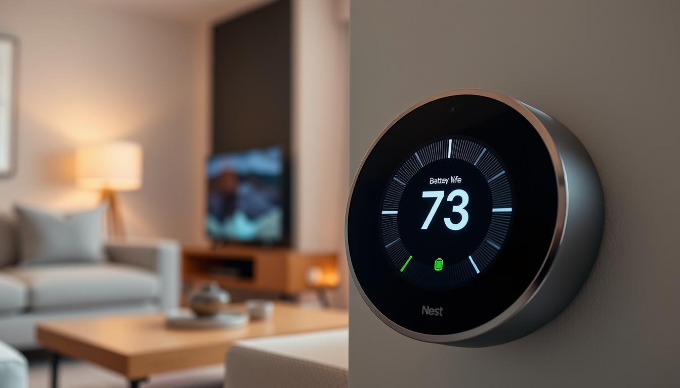 A close-up of a Nest thermostat with a glowing display in a modern home setting, showcasing battery life indicators, surrounded by sleek interior design elements like minimalistic furniture and soft ambient lighting, emphasizing technology and comfort.