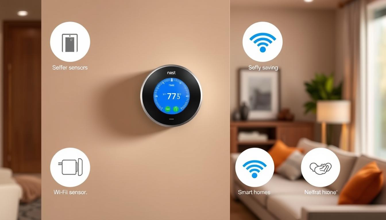 A sleek, modern Nest thermostat mounted on a wall, surrounded by a warm and inviting living room setting. The thermostat displays a colorful, simplified digital interface showing temperature settings and energy savings. Illustrate the behind-the-scenes mechanics with subtle visual elements representing sensors, Wi-Fi connectivity, and a smart home network, all blending seamlessly into the cozy atmosphere of the room.