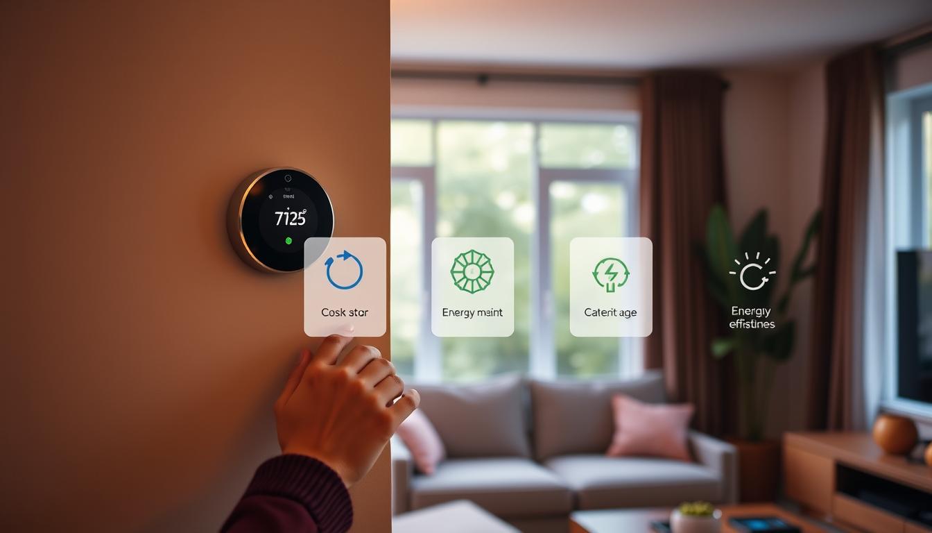 A cozy, modern living room with a sleek Nest thermostat mounted on the wall, hands adjusting the thermostat, warm ambient lighting, energy-efficient features displayed subtly in the background, and a window showing a view of greenery outside.