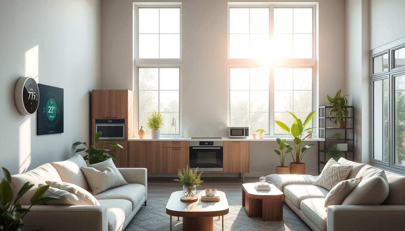 A modern living room featuring a sleek Nest Thermostat on the wall, with energy-efficient appliances and cozy furnishings. Sunlight streaming through large windows, highlighting green plants and a digital display showing energy savings. Soft colors and a minimalist design evoke a sense of comfort and sustainability.